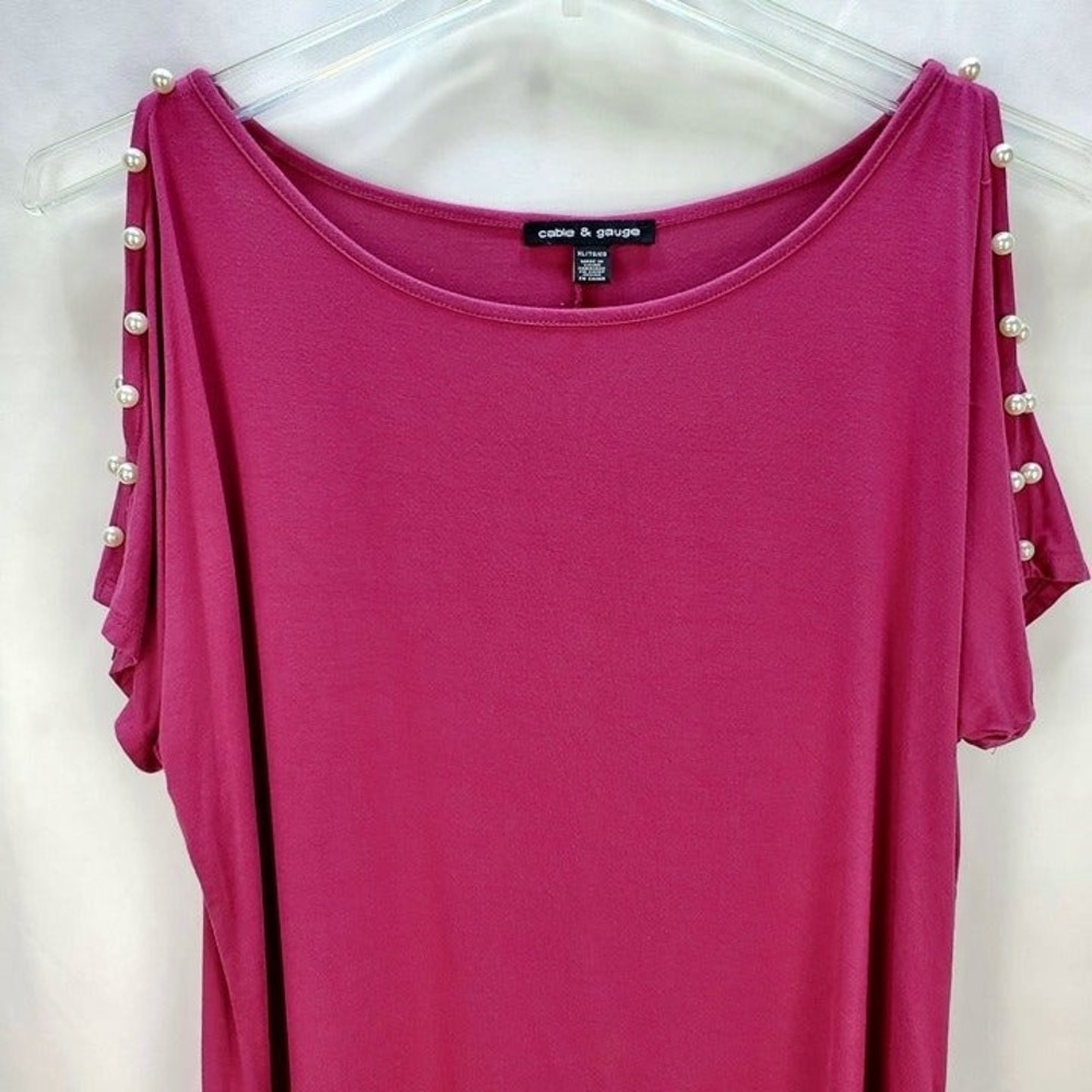 Cable & Gauge Women's Pearl Detail Split Sleeve Pink Blouse XL